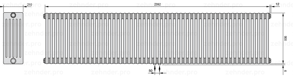 Схема (чертеж) Радиатор Zehnder Charleston 6090/52 №5410 Белый глянцевый RAL 9016